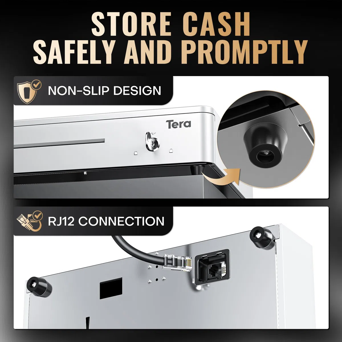 Tera Cassetto Cassa Registratore Monete: 33,5×33×10,4 cm 4 Scomparti Banconote 6 Monete 1 Scomparto Media con Inserto Rimovibile RJ12 Chiavi per POS Negozi Aziende Modello 330R Bianco