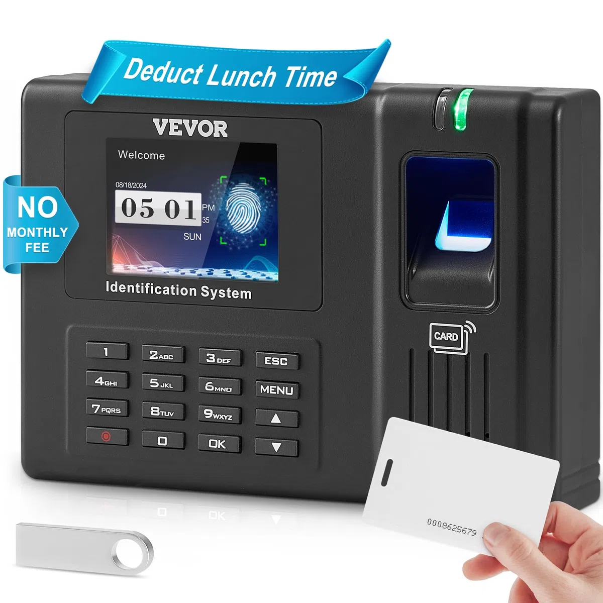 VEVOR Macchina Biometrica per Rilevazione delle Presenze dei Dipendenti, Impronta Digitale, Carte RFID, Immissione PIN in Uno, Orologio Biometrico Indipendente per Check-In, Montaggio a Parete, Nero