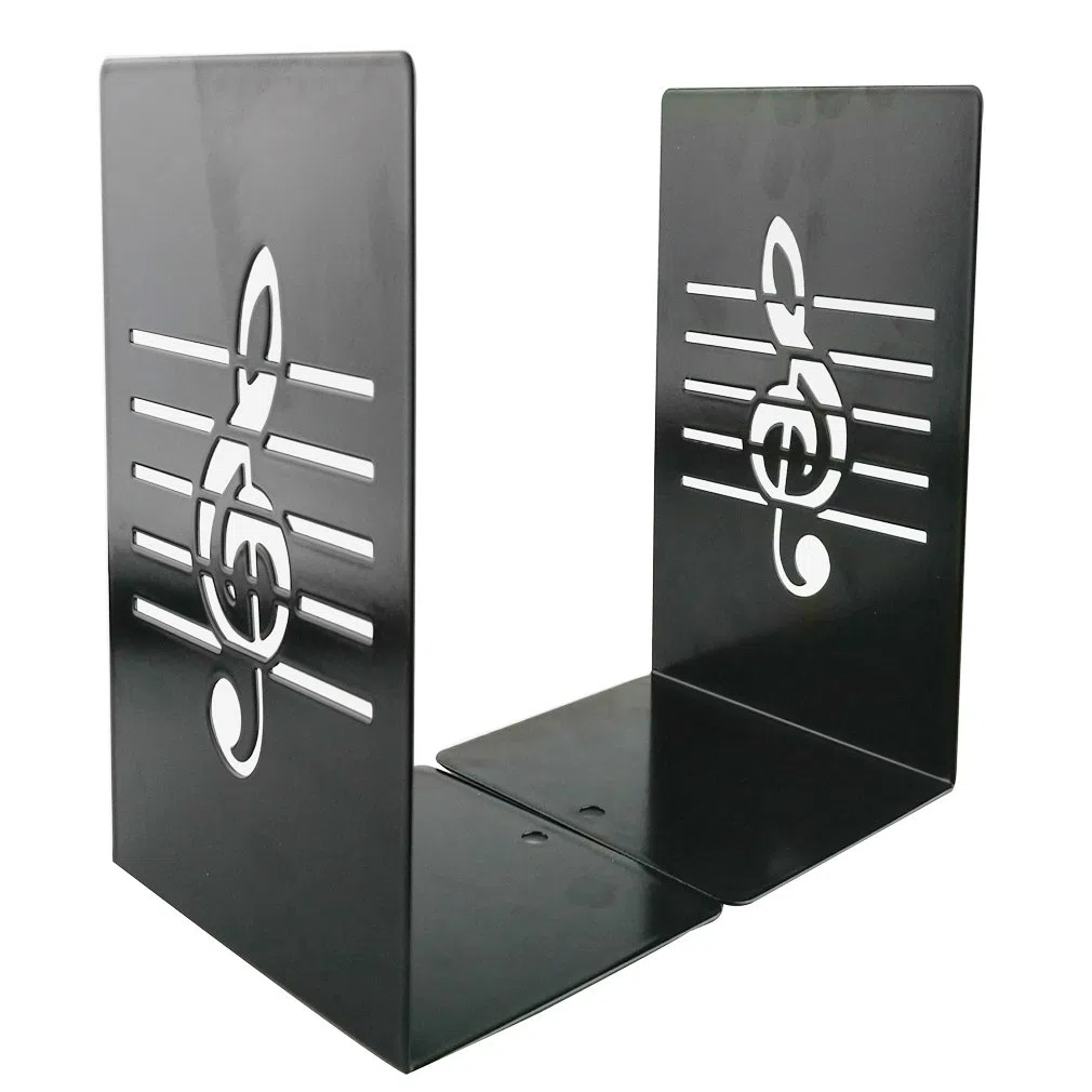 Un paio di supporti reggilibri in metallo nero, con nota musicale, creativi, di tendenza per bambini, amanti della musica, decorazione di casa e ufficio Nero