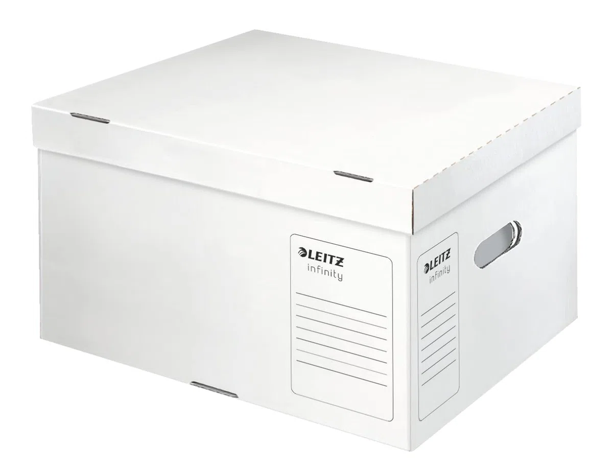 Leitz Scatola Archivio e Trasporto con Coperchio superiore integrato, Cartone privo di acidi, Confezione piatta, Bianco, Large, Gamma Leitz Infinity, 61040000