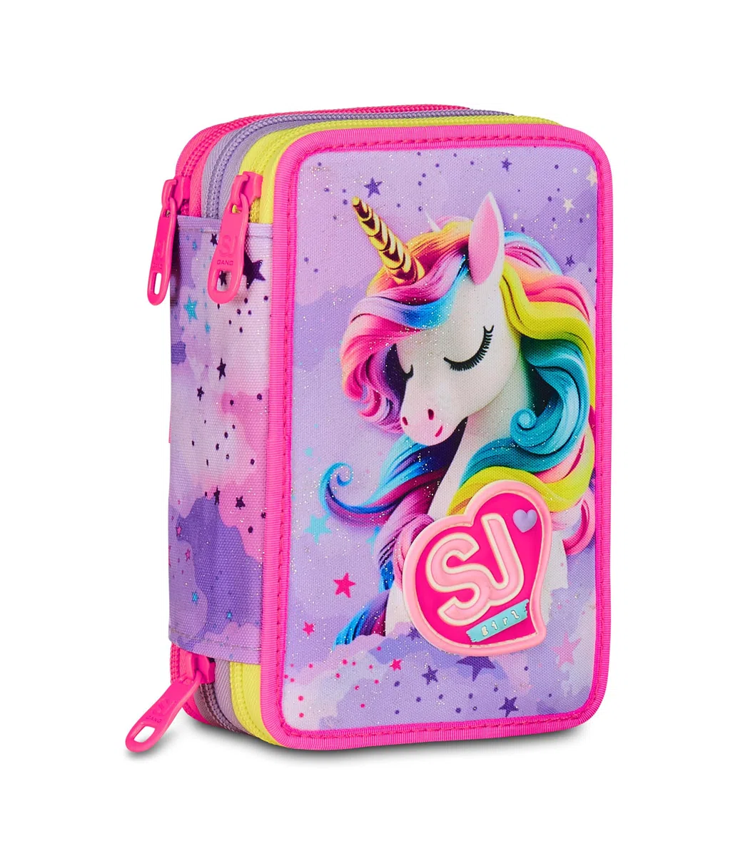 SJ GANG STYLE JAM GANG Astuccio Scuola 3 Zip Fable Journey, Rosa, Portapenne Triplo Scomparto Completo Di Penne, Matite, Colori, Accessori Zaino, Scuola Elementare, Bambina