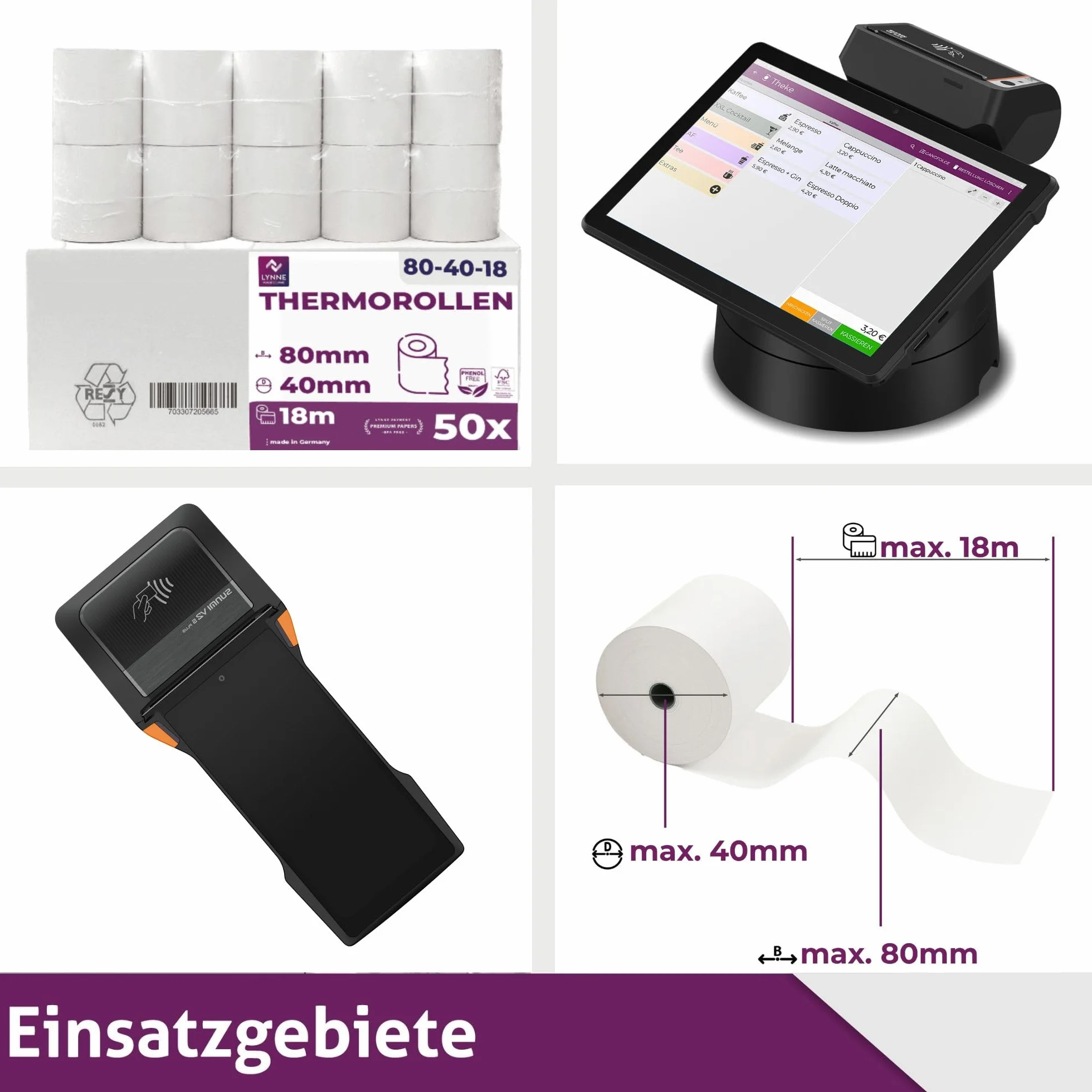 LYNNE - Rotoli Cassa 80x40 Termica Fiscale - Rotolini carta termica 80x40x12 - Rotolo per stampante registratore di cassa fiscale 80mm x 18m x 12mm - [50x]