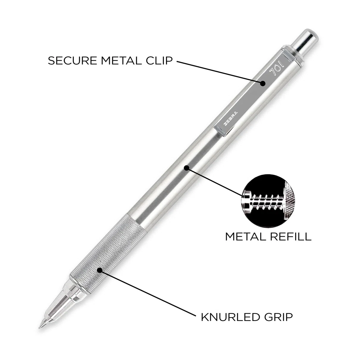 Zebra Pen Penna a sfera retrattile F-701, punta fine da 0,8 mm, corpo in acciaio inossidabile, ideale per regali per insegnanti, materiale scolastico e forniture per ufficio, inchiostro nero