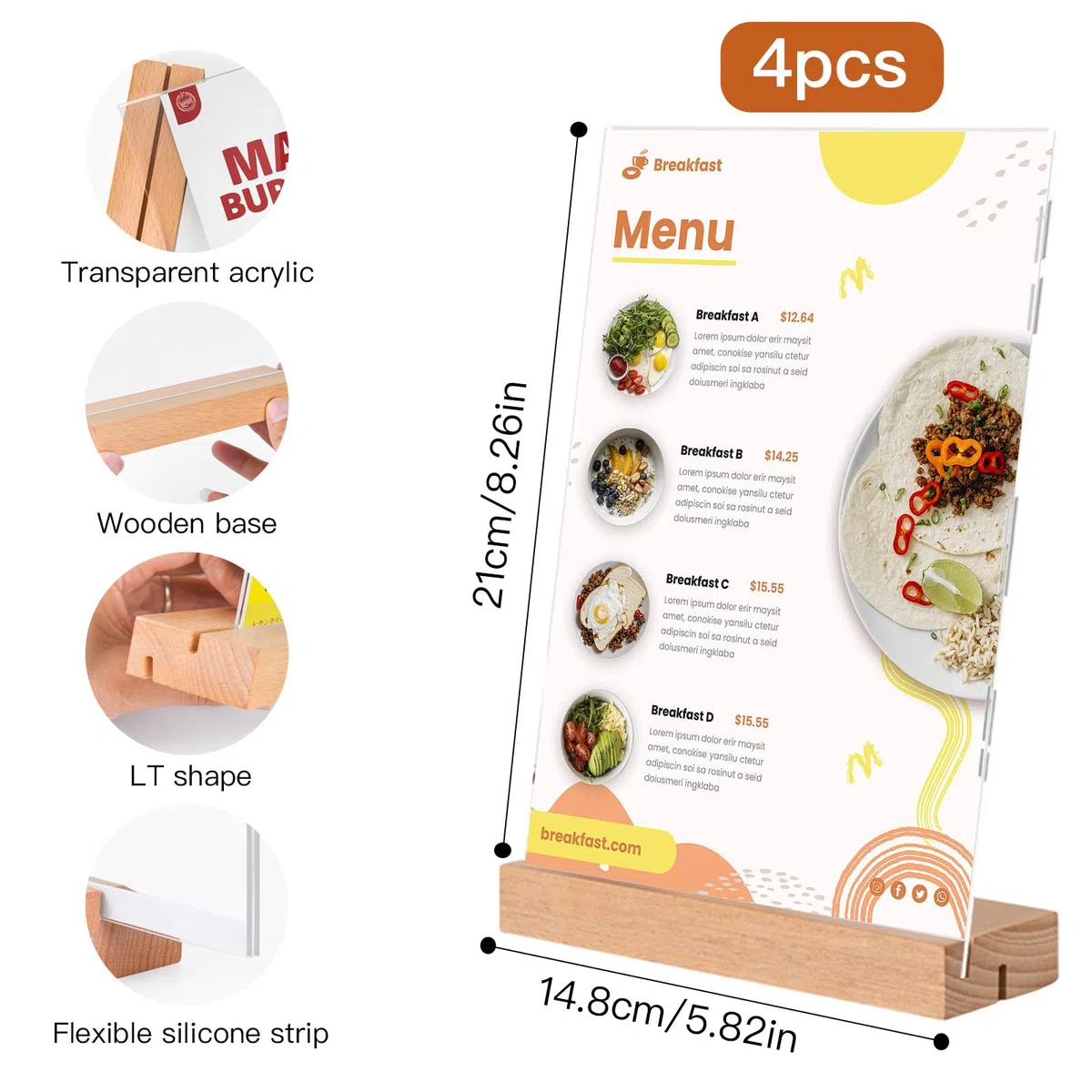 4 Pezzi Espositore Plexiglass A5 Espositore da Tavolo A5 Trasparente Porta Menu da Tavolo Espositori Plexiglass A5 Legno T Forma Porta Cartelli in Acrilico (21x14,8cm)