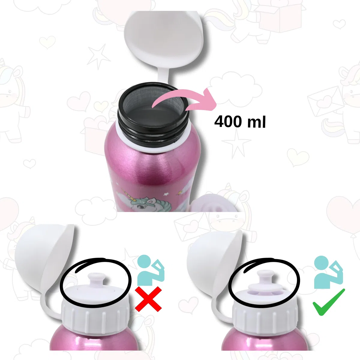 Set zaino unicorno, contenitore pranzo, borraccia, sacca ginnastica, 3 pezzi, asilo, bottiglia