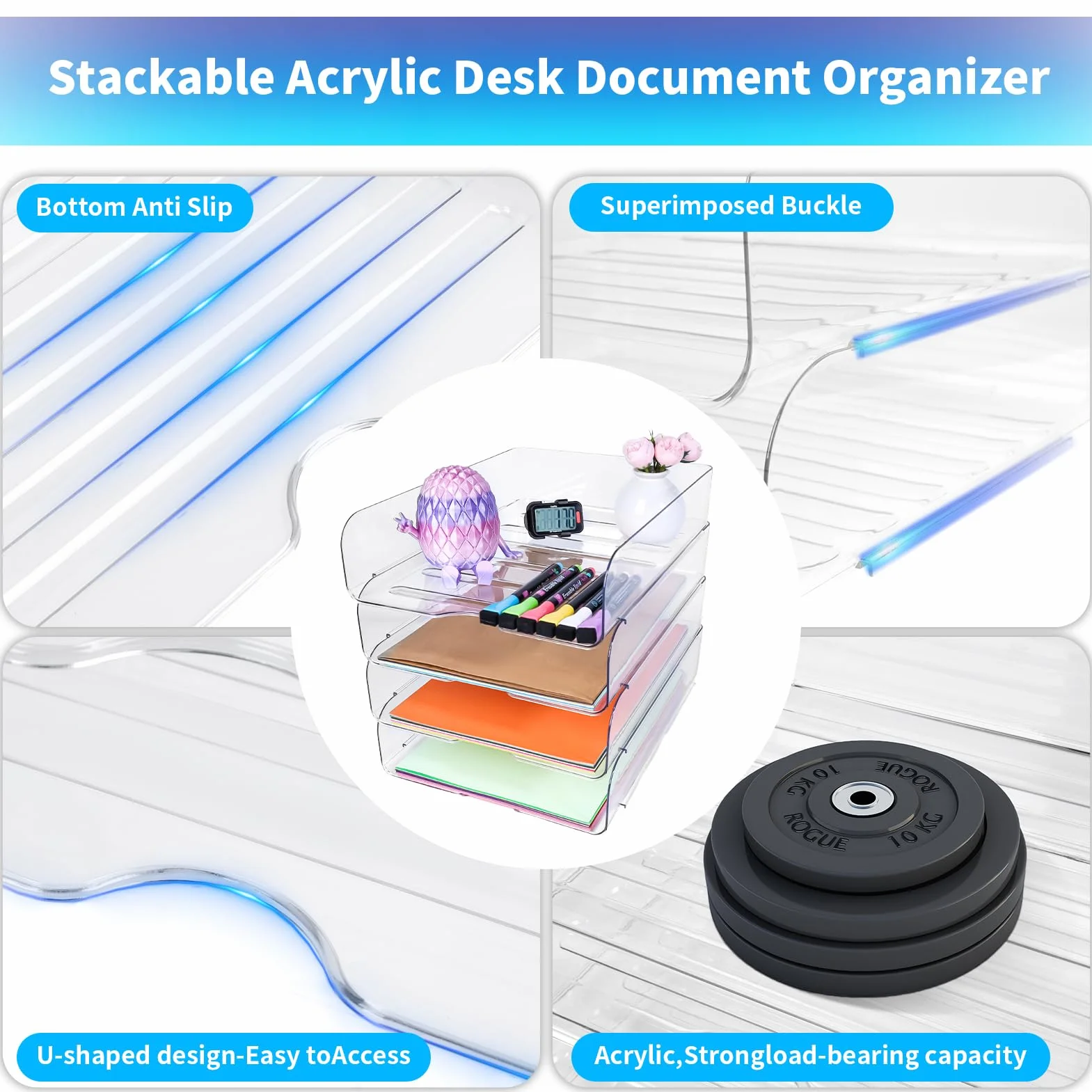 Organizer per Carta Vassoio per Lettere, Organizer da Scrivania Impilabile Trasparente per Documenti, Organizer da Ufficio per File, iPad, Lettere, Formato A4, Libri, Appunti, Confezione da 4 in