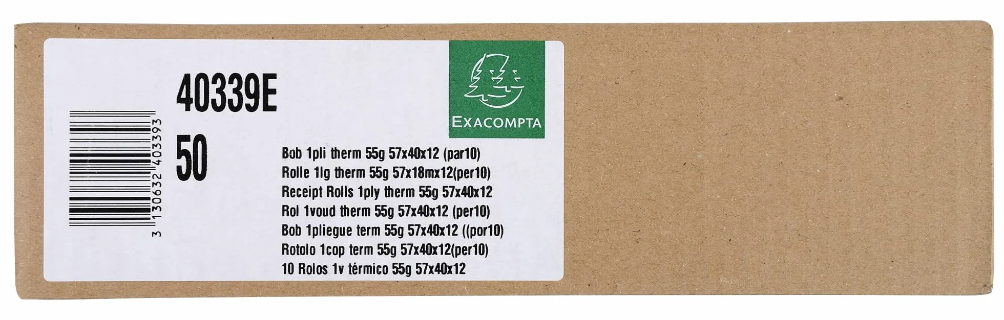 Exacompta 40339E - Scatola da 50 bobine per biglietti di carte di credito 57x40 mm, 1 piega termica 55g / m2 senza BPA, Lunghezza (+ o - 2 m): 18 m