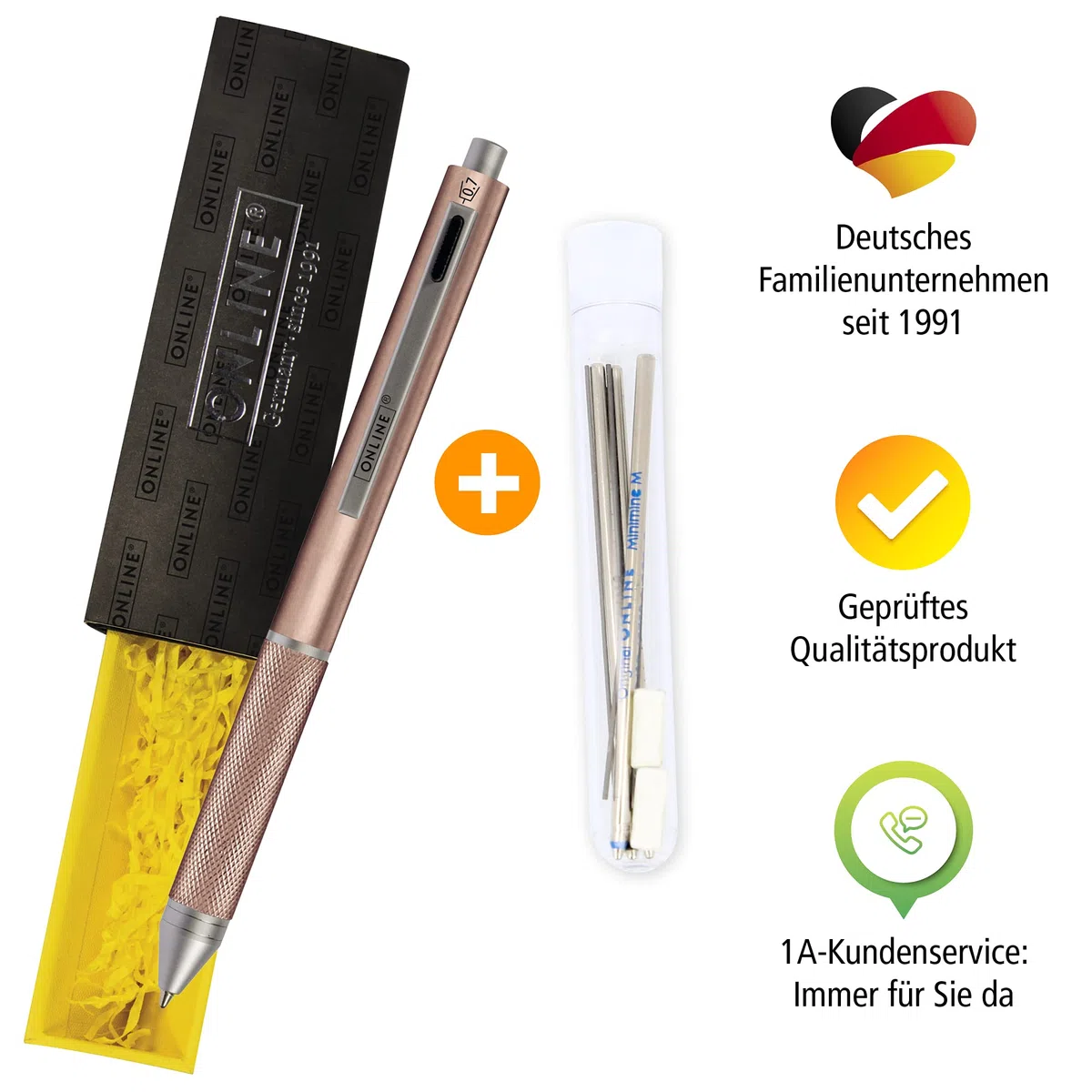 ONLINE Multipen 4-in-1 Oro Rosa | Penna multifunzione a sfera e matita in metallo | 3 cartucce per penna a sfera in blu, nero, rosso, 1 cartuccia per matita | incluso gomma da cancellare, in