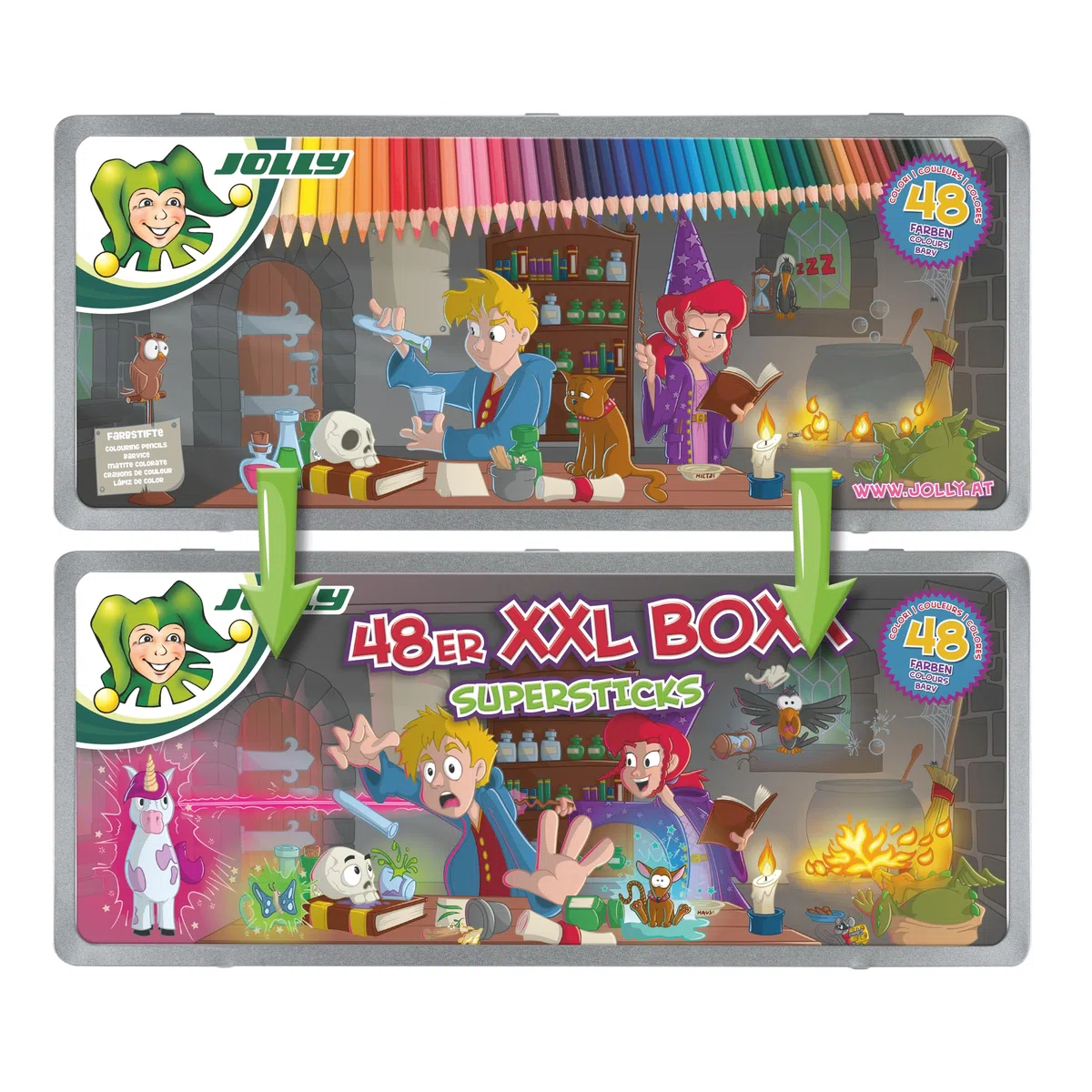 JOLLY, Boxx Magic, 48 penne colorate in legno di tiglio, infrangibili e atossici, colori ricchi e brillanti, con righello, made in Austria