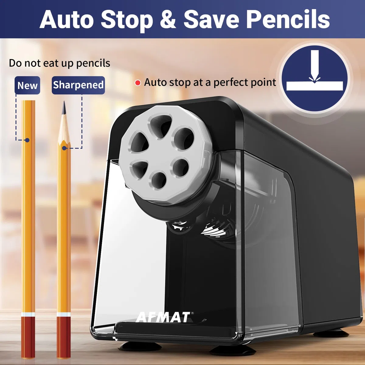 AFMAT Temperamatite elettrico a 6 fori con contenitore, autostop & matite, ricaricabile, temperamatite elettrico per 6 – 11 mm n. 2/grandi/pastelli, 10.000 punte,Nero