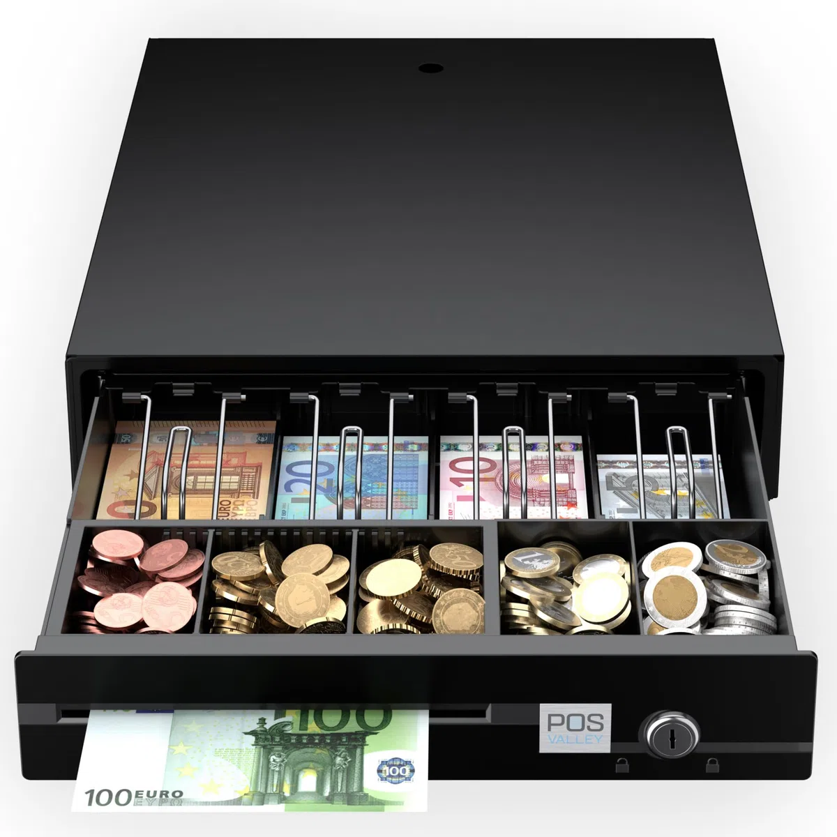 Cassetto Cassa Piccolo in Ferro Porta Banconote e Monete (Euro) Apertura Automatica POS Stampante RJ e Registratore di Cassa RT, 33x37 cm, Nero