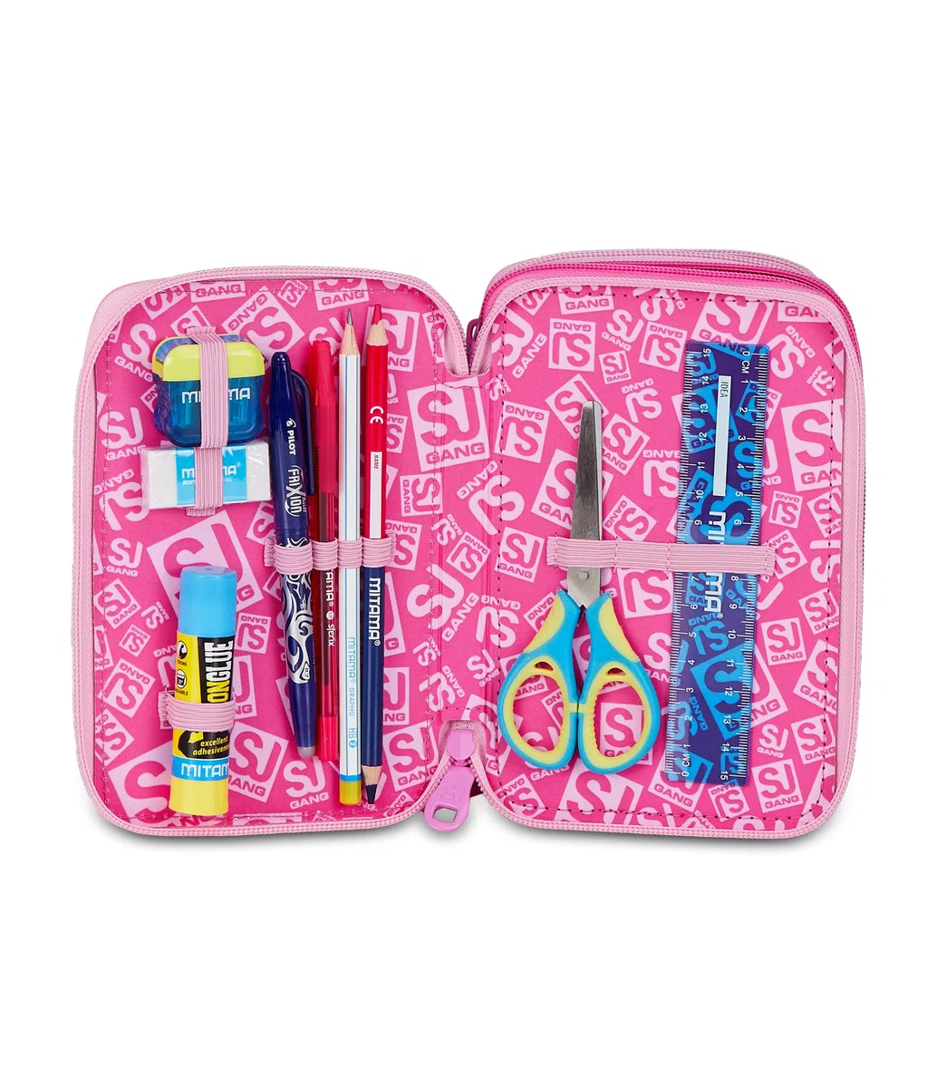 SJ GANG STYLE JAM GANG Astuccio Scuola 3 Zip HEART BUDDY GIRL, Rosa, Triplo Scomparto, 45 pezzi, Set cancelleria incluso, Pratica chiusura con zip, Scuola elementare, Bambina