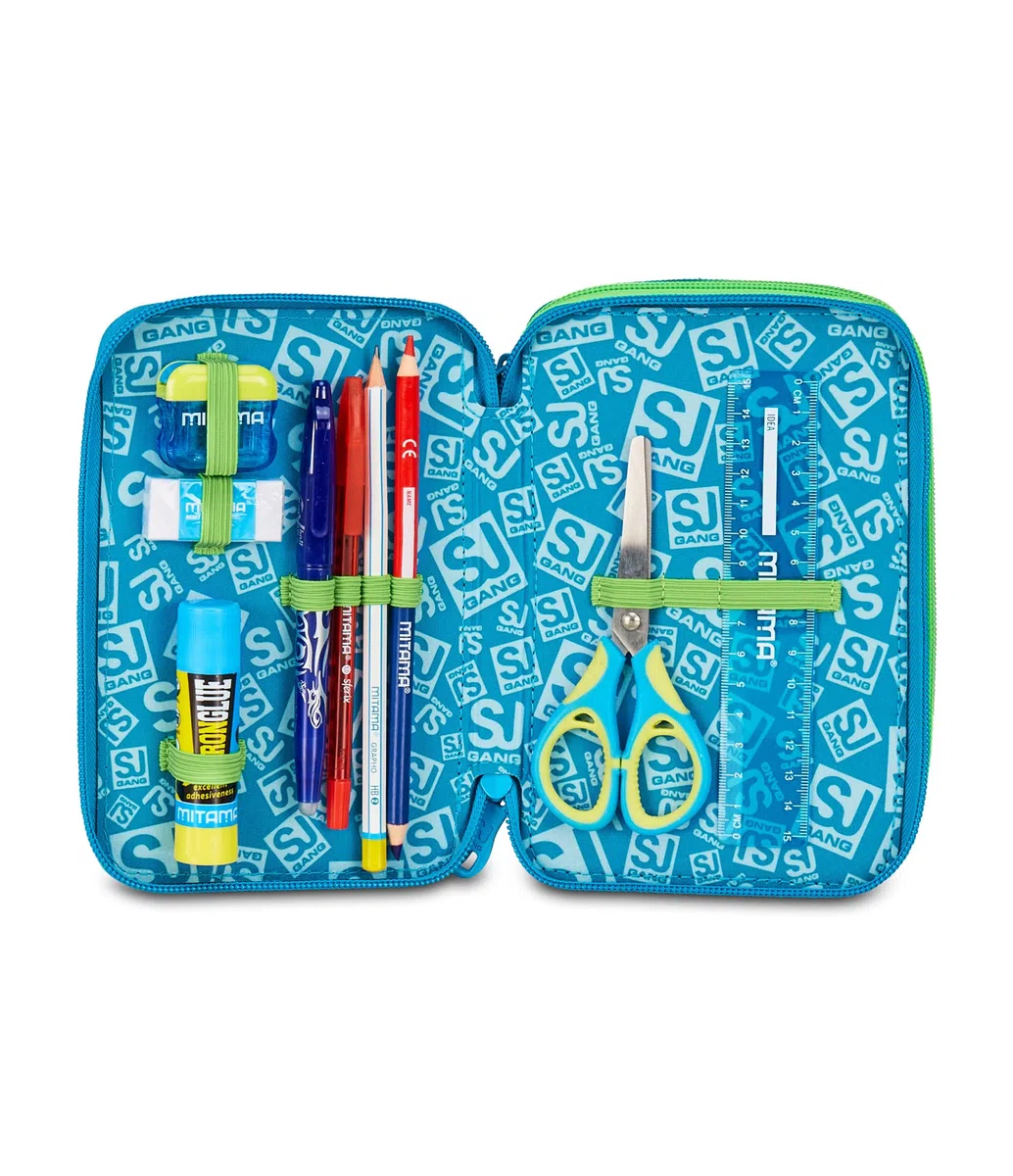 SJ GANG STYLE JAM GANG Astuccio Scuola 3 Zip Air Tiger, Blu, Portapenne Triplo Scomparto Completo Di Penne, Matite, Colori, Accessori Zaino, Scuola Elementare, Bambino
