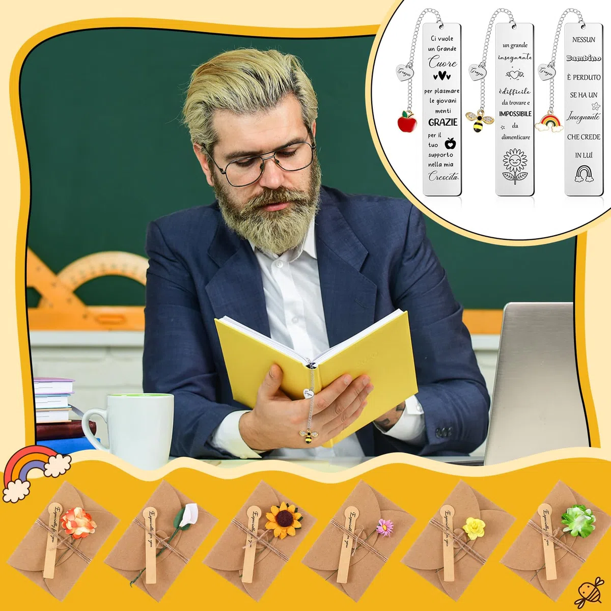 Clabby 6 Pezzi Segnalibro Maestra Metallo con Busta Regali di Natale per Maestre Insegnate Segnalibro con Frasi Grazie Regali di Fine Anno, Capodanno, Ringraziamento