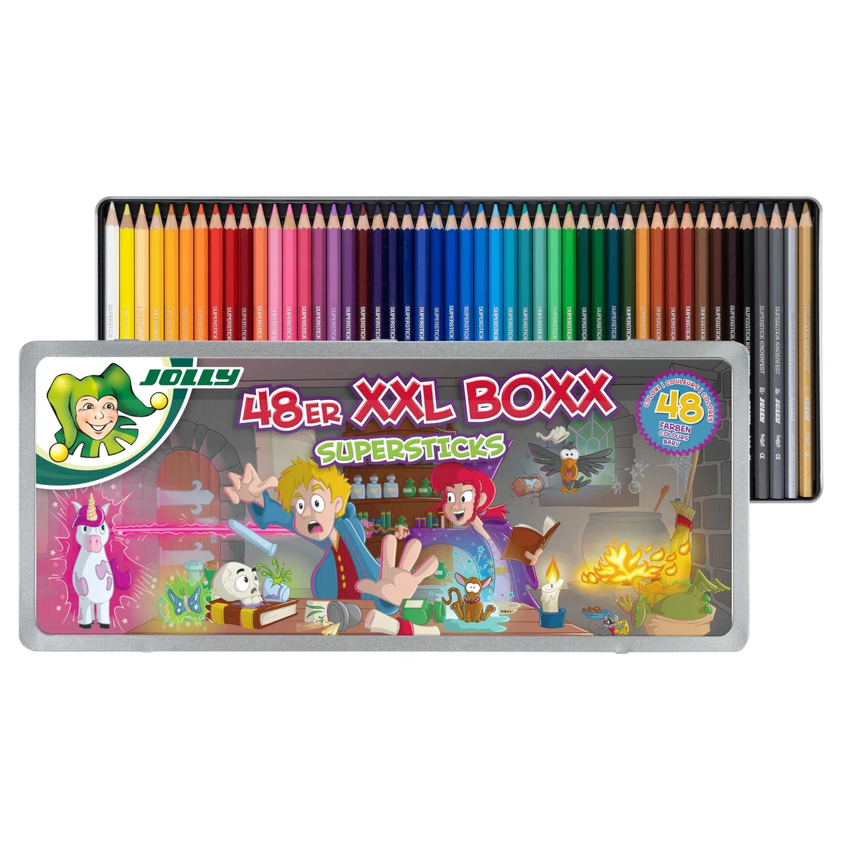 JOLLY, Boxx Magic, 48 penne colorate in legno di tiglio, infrangibili e atossici, colori ricchi e brillanti, con righello, made in Austria
