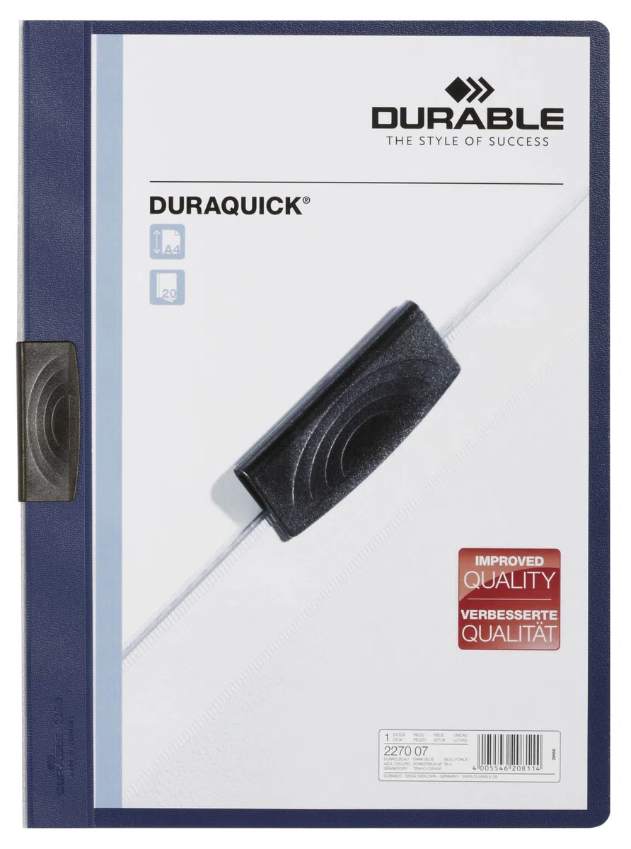 Durable 227007 - Duraquick, cartellina portadocumenti con clip piatta in plastica, capacità 1-20 fogli, f.to A4, blu, confezione da 20 pezzi