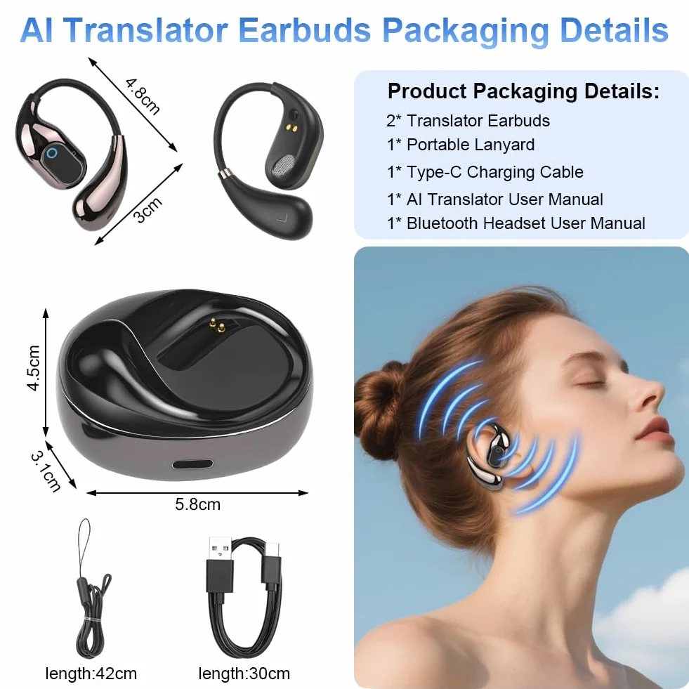 Auricolari Traduttori Linguistici, Buletooth 5.4 AI Cuffie Traduzione, Auricolari Traduttori Supporto Traduzione in 144 Lingue in Tempo Reale per Viaggi D'affari e Apprendimento