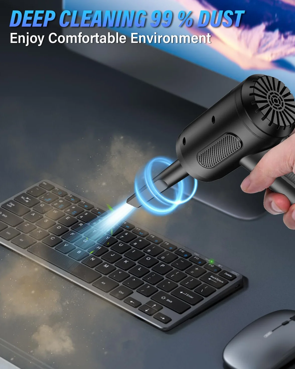 Apkezel Aria Compressa Elettrico Air Duster, 3 Velocità 91000 giri/min Soffiatore Aria Compressa, Spray Aria compressa Soffiatore pc Con batteria da 6000mAh per laptop, tastiera, auto