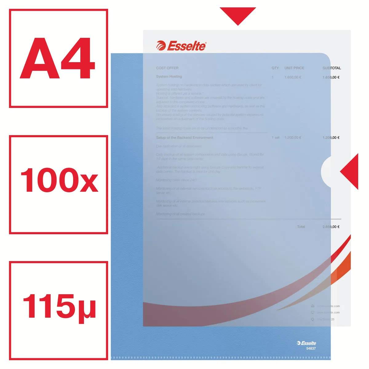 Esselte Buste L Deluxe, in PPL Antiriflesso, per Archiviare e Conservare Documenti in Formato A4, Confezione da 100 Buste Blu Trasparenti, 54837