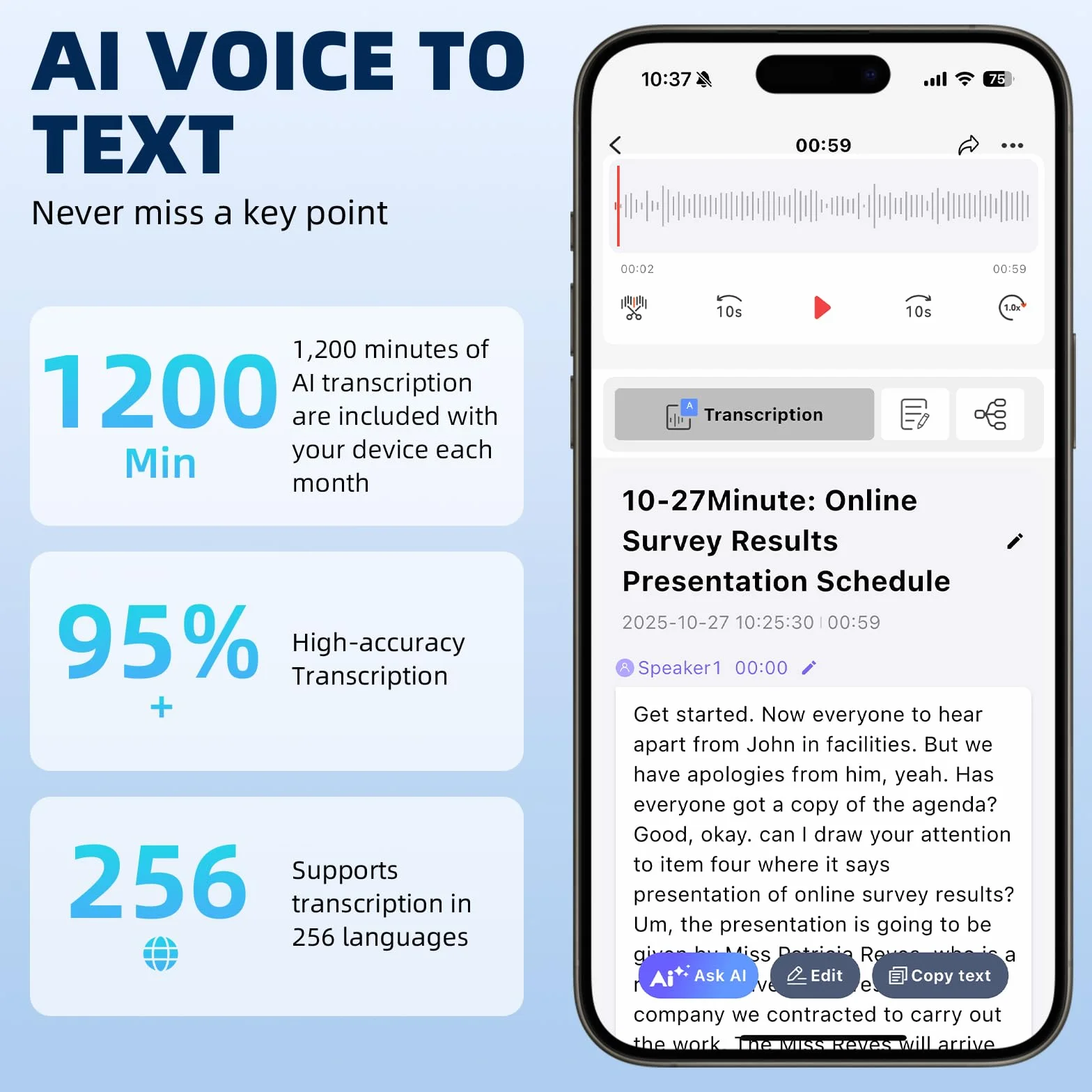 64GB Registratore Vocale AI- Registratore Vocale Professionale Portatile Trascrivi e Riassumi con Tecnologia AI, Supporta 256 Lingue, Controllo App, per Conferenze Riunioni Colloqui Classe