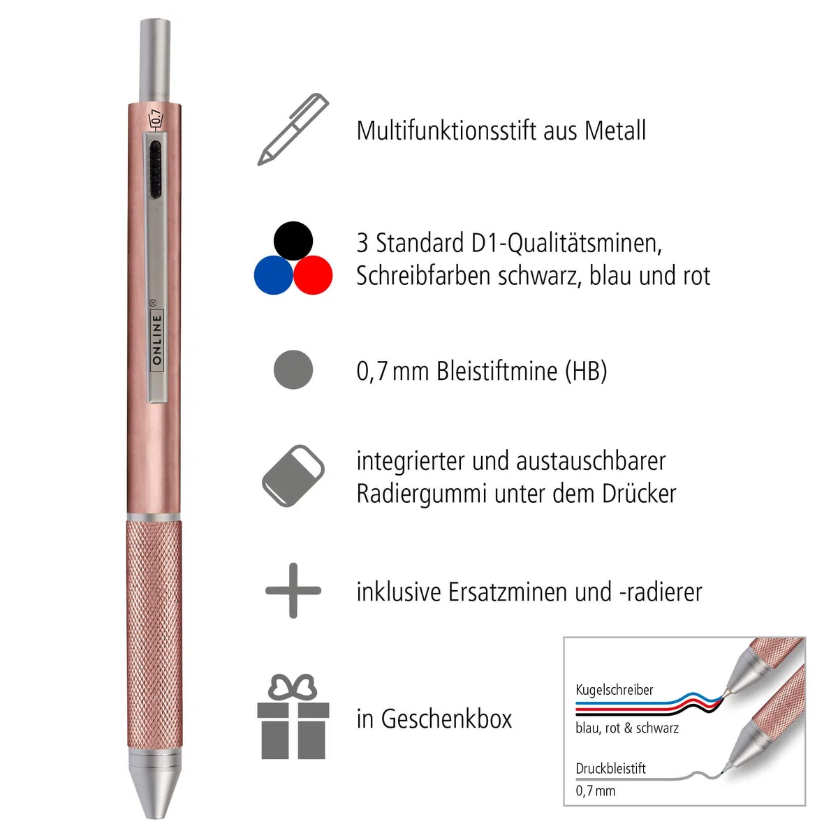 ONLINE Multipen 4-in-1 Oro Rosa | Penna multifunzione a sfera e matita in metallo | 3 cartucce per penna a sfera in blu, nero, rosso, 1 cartuccia per matita | incluso gomma da cancellare, in