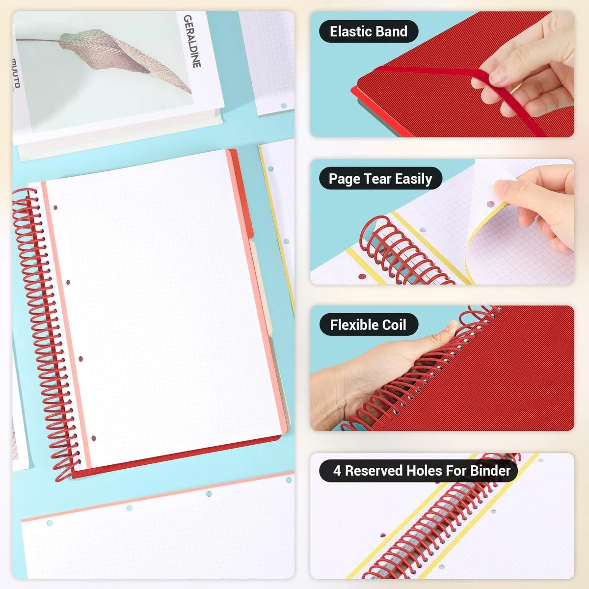 Quaderno a Spirale A4 - Quaderni a Quadretti 5mm - Notebook Blocco Note A4 - Taccuino A4 Quadretti - Blocchi Appunti per Viaggiatori - Rossa Block Notes Copertina Morbida e Spirale