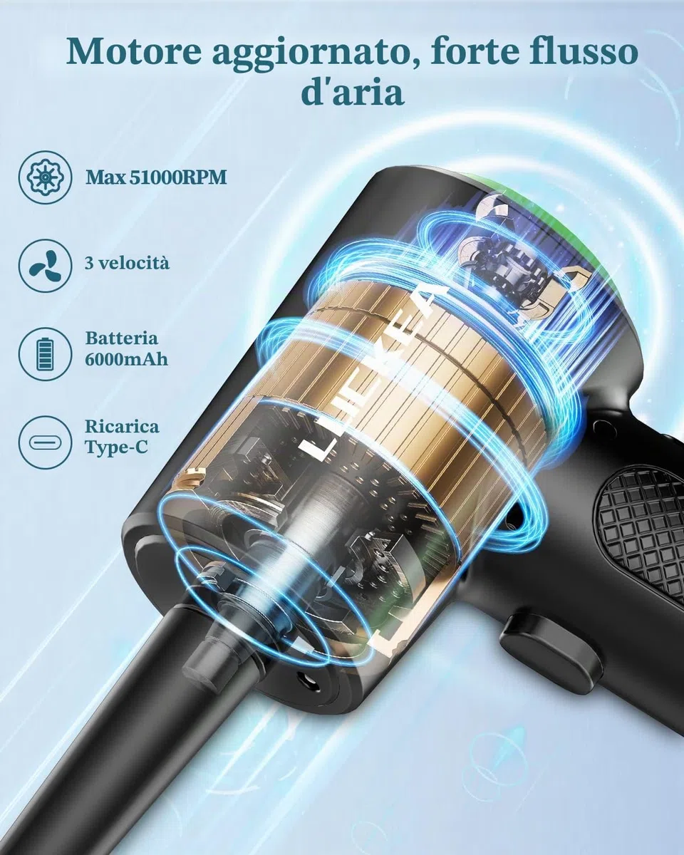 LUCKEA Elettrico Rimuovi Polvere Aria Compressa Senza Fili - 3 Velocità Compressore Aria Portatile Set di Pulizia per Computer, Laptop, Auto, Apparecchiature da Ufficio