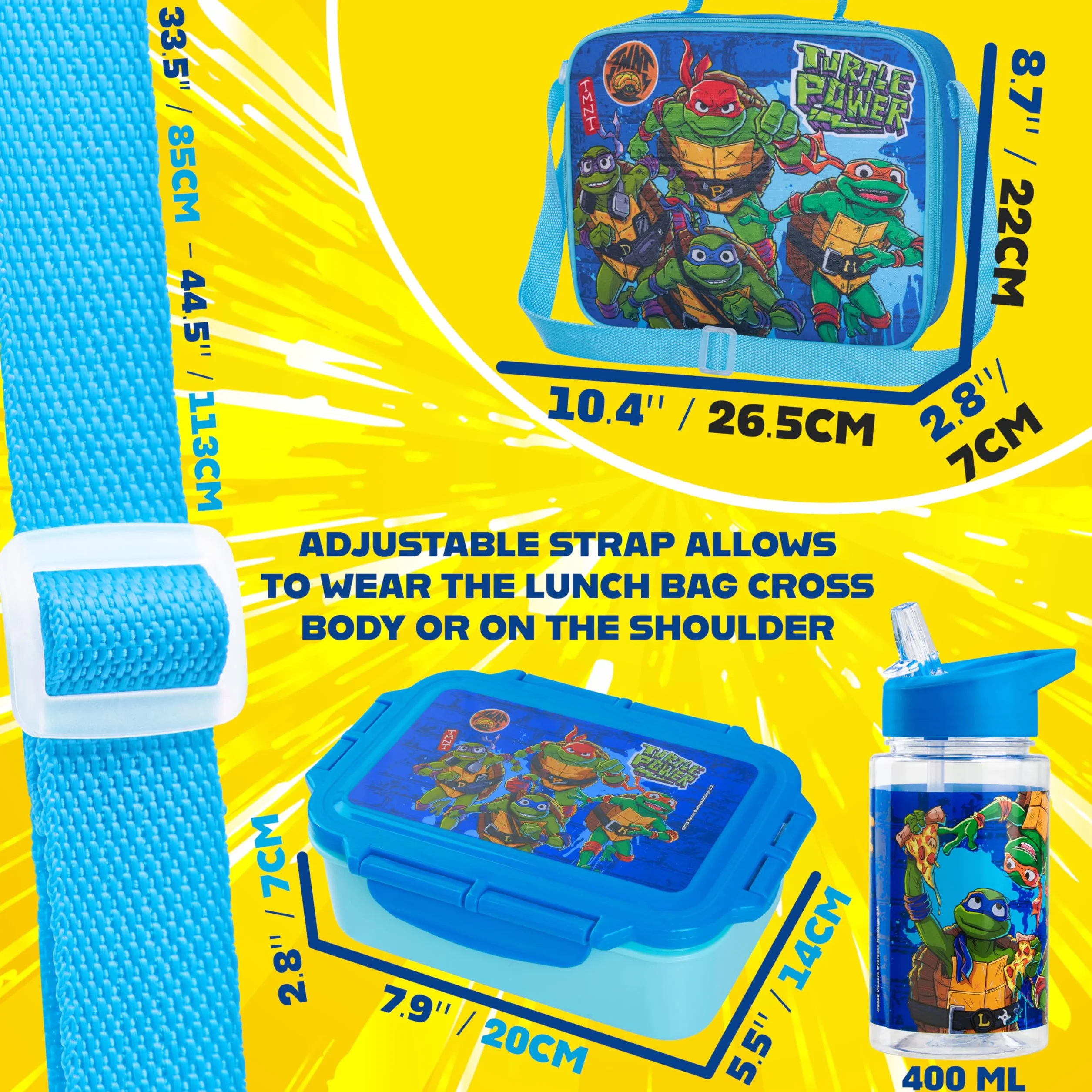 Get Trend Teenage Mutant Ninja Turtles Borsa Porta Pranzo con Porta Merenda Borraccia Bambini Senza BPA Set 3 Pz Materiale Scolastico per Viaggiare Picnic (Blu TMNT)