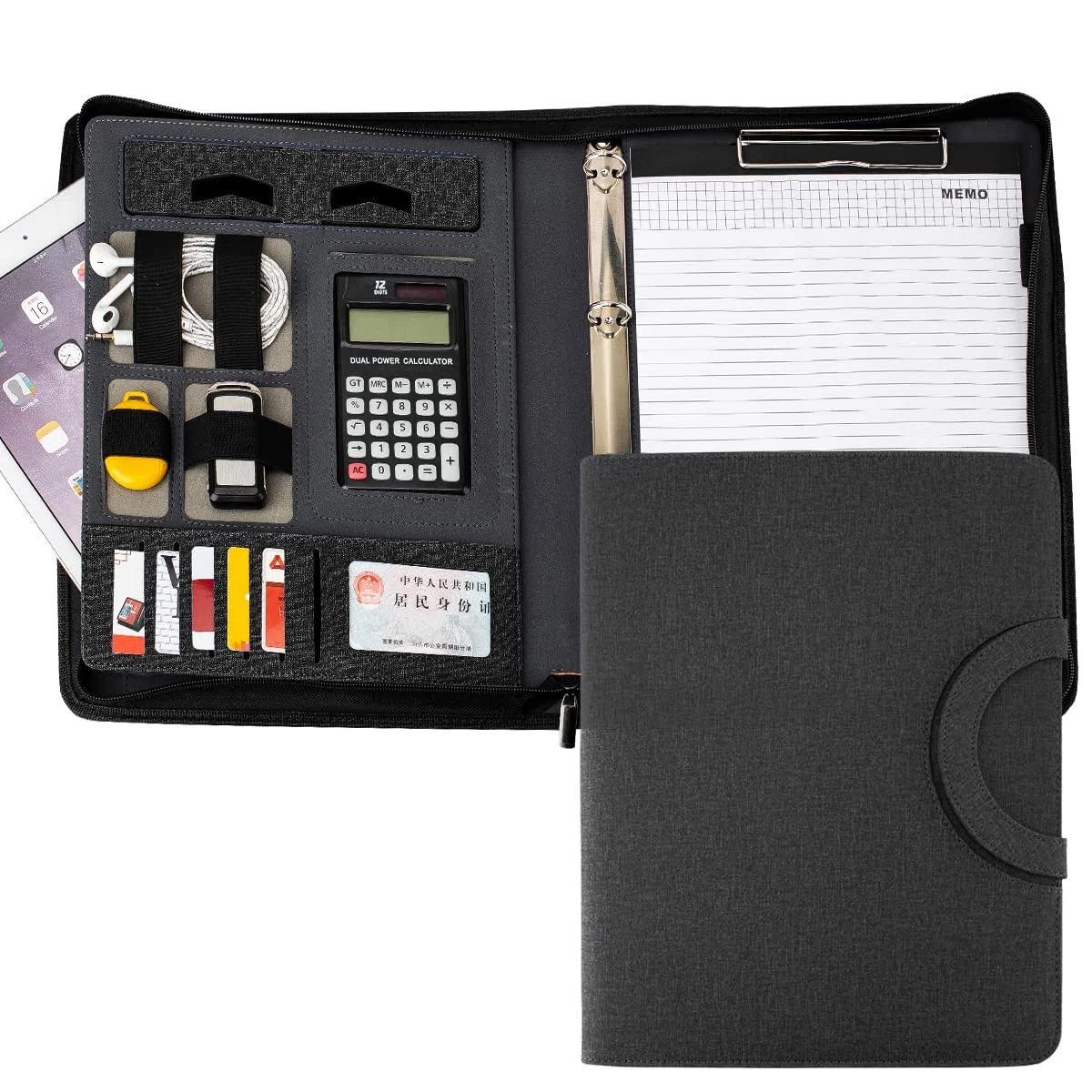 Portfolio in pelle con rimozione di potenza mobile 8000 mAh, organizer per conferenze aziendali per notepad per donne/uomini (con calcolatrice, nero)