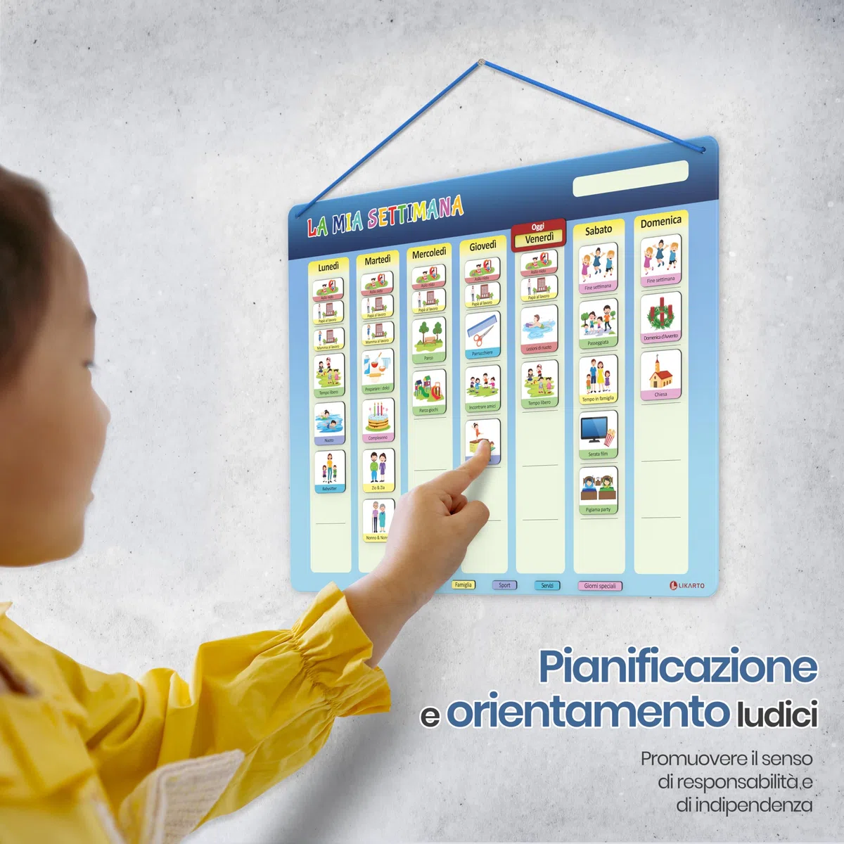 LIKARTO Calendario settimanale per bambini - Lavagna magnetica da parete Montessori con 198 magneti e cordoncino - completamente scrivibile e cancellabile - Promuovere l'indipendenza