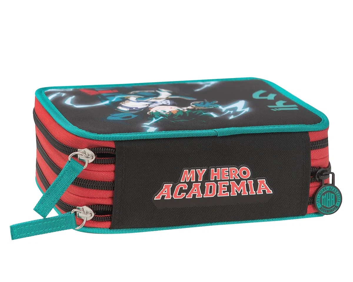 MY HERO ACADEMIA - Astuccio 3 Scomparti Bambina e Bambino con Cancelleria Scuola Integrata e Vani Portapenne + Penna Cancellabile Frixion - Astuccio Scuola Organizer Grande, Nero/Verde 20x12Hx7