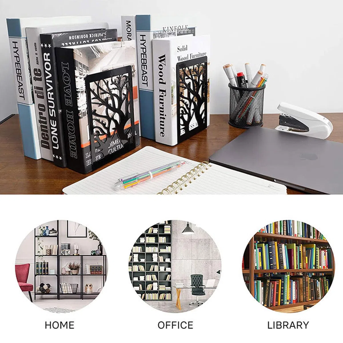 4 paia fermalibri metallo decorativo, antiscivolo per bambini, casa, ufficio, biblioteca, scuola, nero