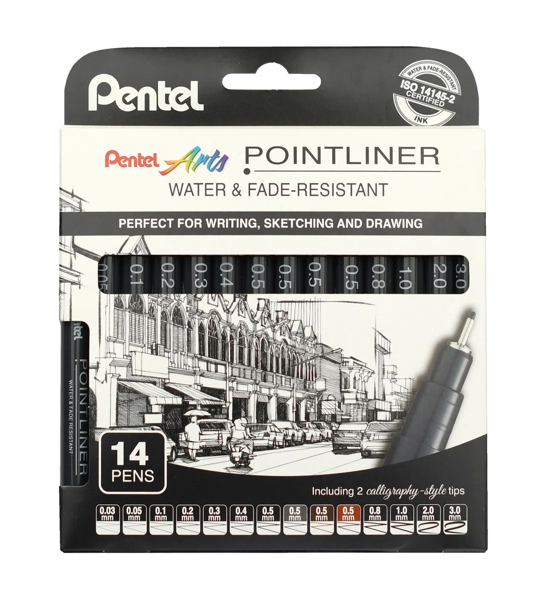Pentel Pointliner Pigment Liner S20P - Pennarelli a punta fine, da 0,03 mm a 3,0 mm, inchiostro nero, seppia, sanguina e grigio, confezione da 14
