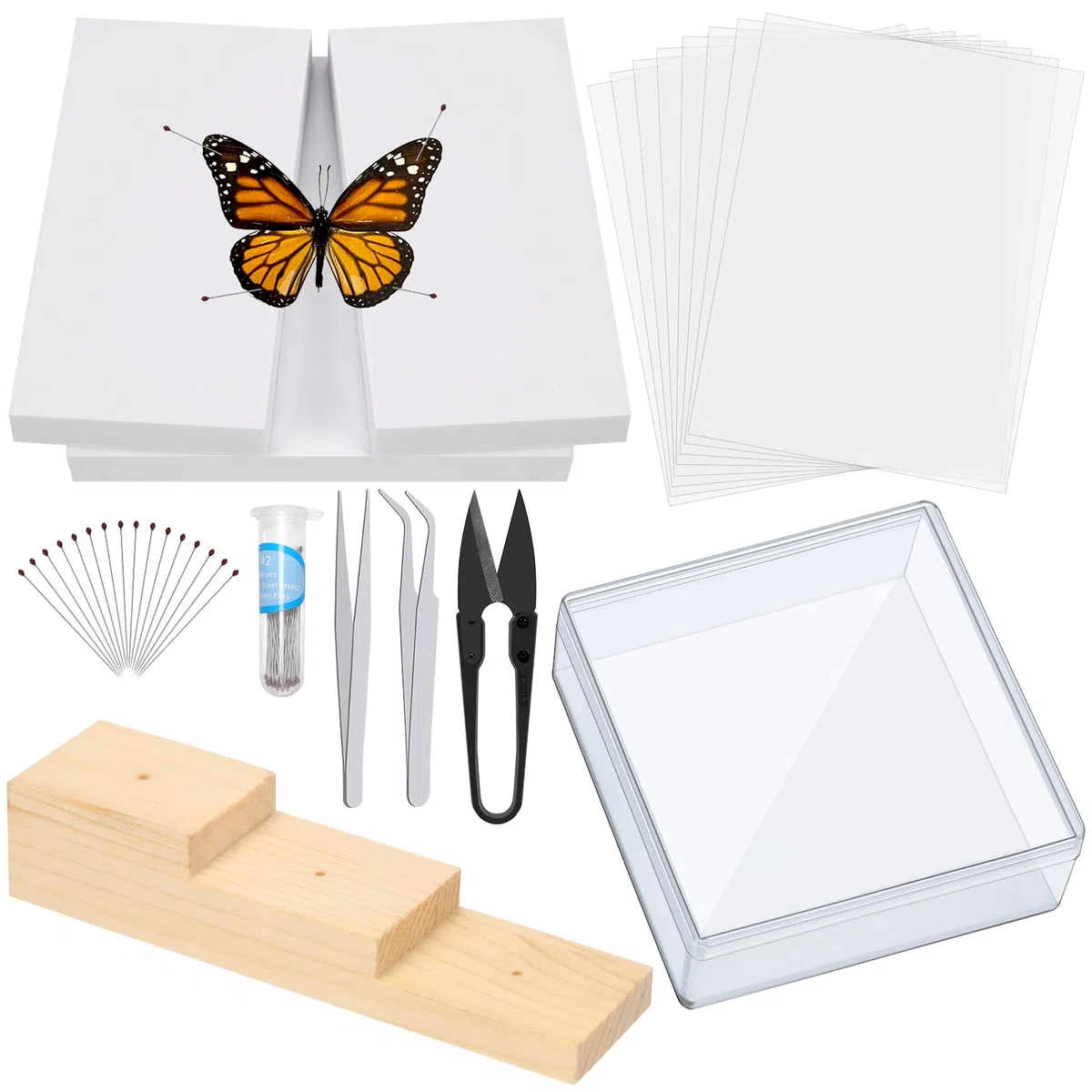 Mardatt Kit di strumenti per la realizzazione di campioni di insetti, kit per appuntare gli insetti con blocco per insetti, bacheca per insetti, spilli per insetti, carta per pressare le ali, custodia