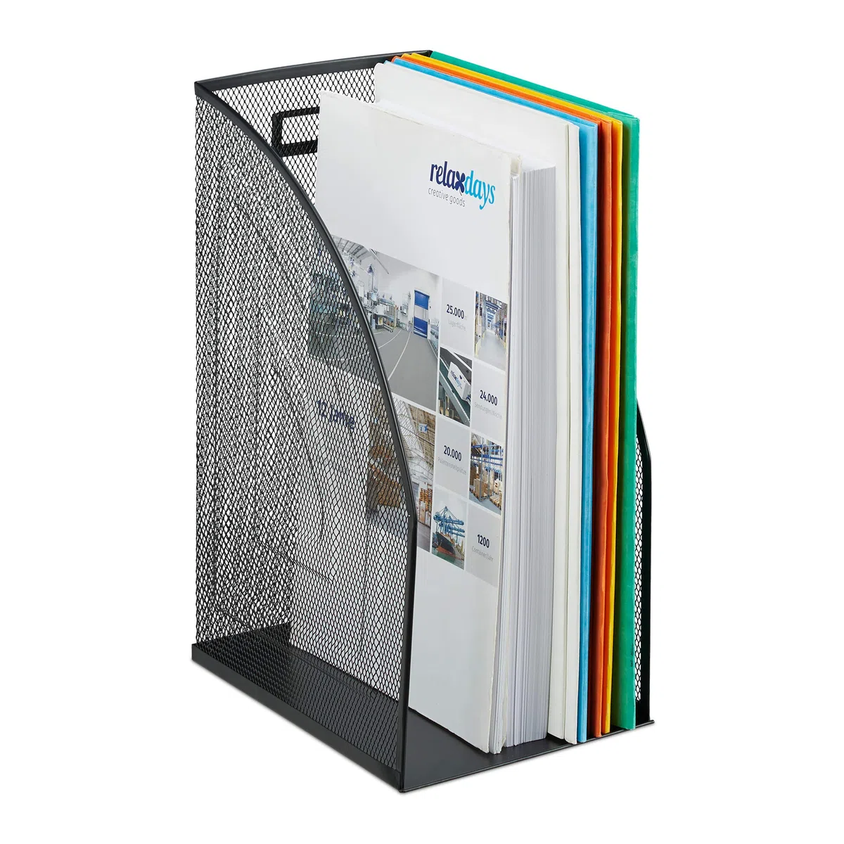 Relaxdays Portadocumenti Verticale in Metallo, Formato A4, Extra Large, Mesh, Ufficio, 30,5x26,5x12 cm, Nero