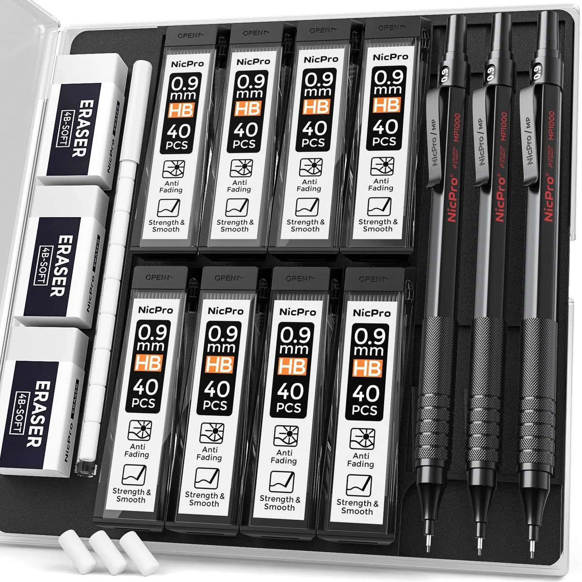 Nicpro Set di matite meccaniche in metallo da 0,9 con custodia, 3 matite da disegno nere MP1000 da 0,9 mm, 8 tubi di ricarica di mine HB, 3 gomme da cancellare, ricariche per gomme, per scrittura