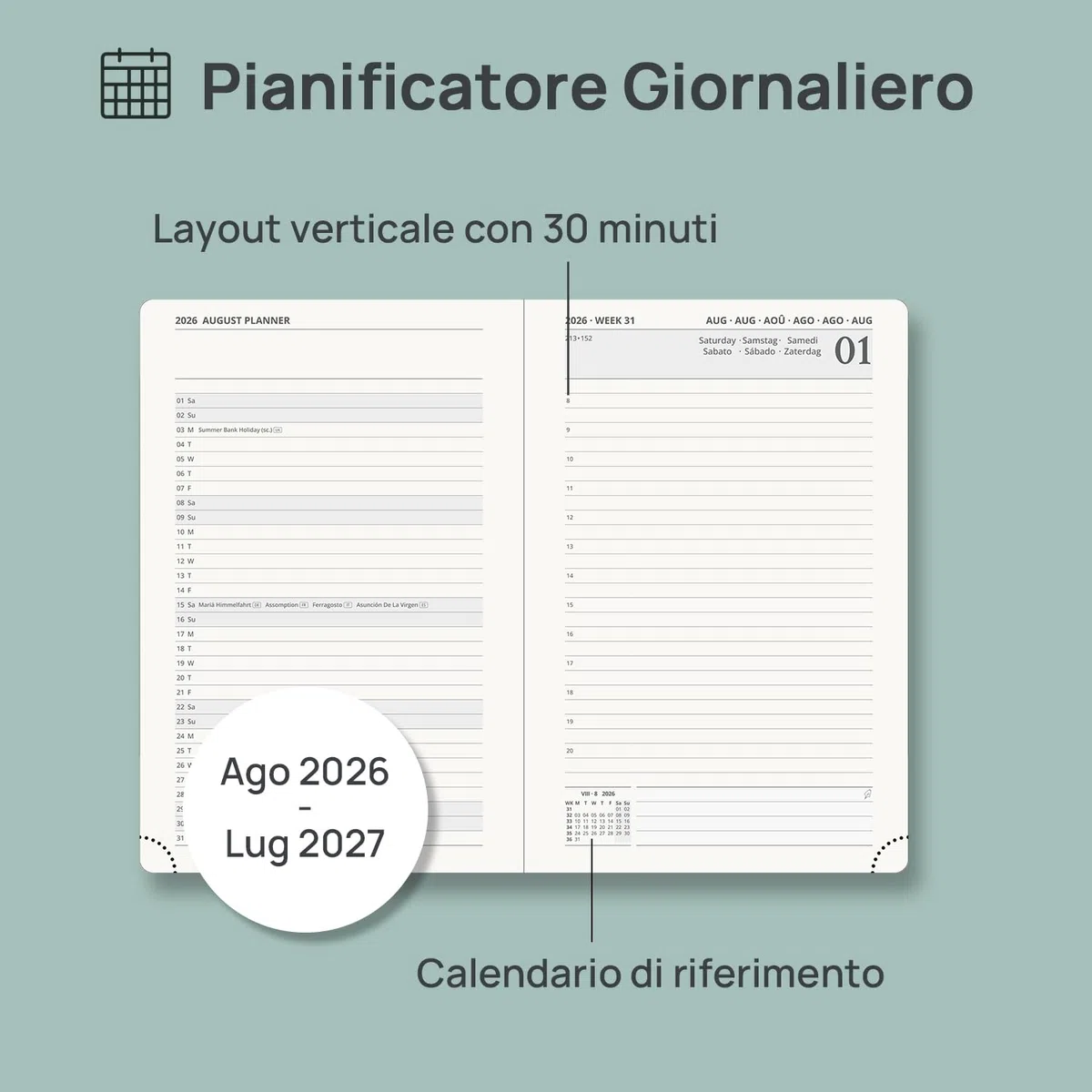 POPRUN Agenda 2026 2027 Giornaliera A5, Daily Planner 21,5 x 14,5 cm 12 Mesi da Ago.2026 a Lug.2027, 1 Giorno 1 Pagina da Lun a Dom con Schede Mensili, Carta Spessa da 80 GSM, Verde Pacifico