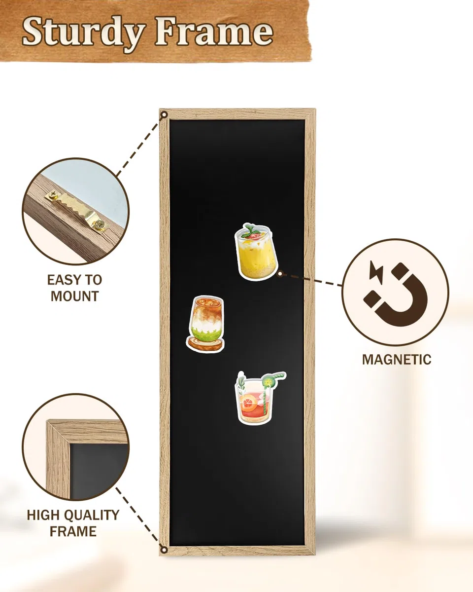 Okydoky Lavagna magnetica con cornice in legno, 30 x 90 cm, per appendere verticalmente o orizzontalmente, per menù da parete per ristoranti, carrelli da pranzo, cucina, bar e decorazioni per la casa
