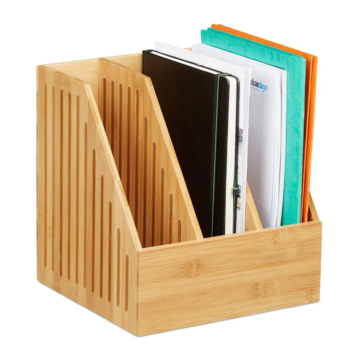 Relaxdays Porta Documenti in bambù, 3 Scomparti, per A4, Organizer da Ufficio & Scrivania, 30x28x26,5 cm, Naturale