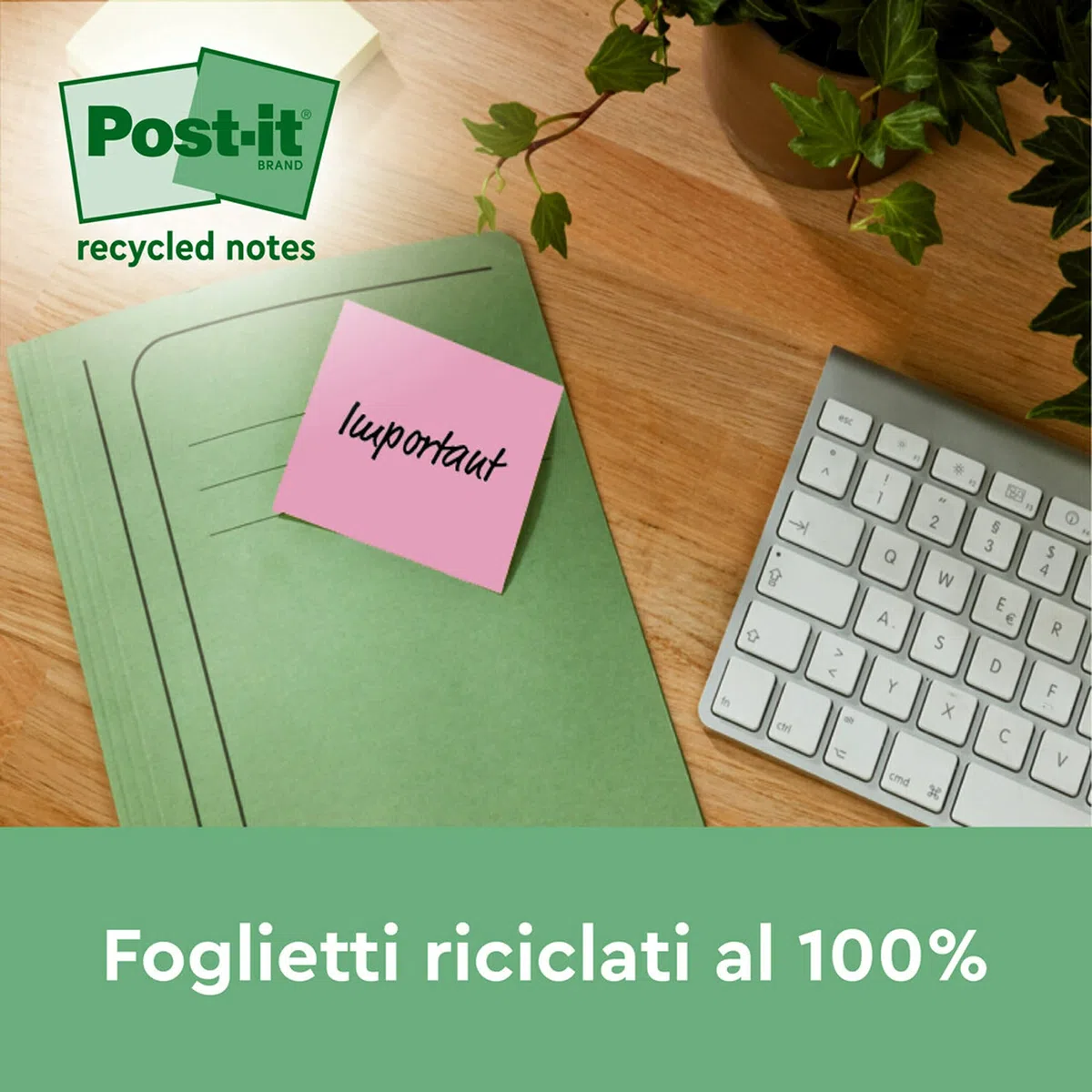 Post-it Foglietti Super Sticky Riciclati,14 Blocchetti + 4 GRATIS/Confezione,70 Fogli per Blocchetto, 76 mm x 76 mm,Rosa, Verde, Blu, Viola, Giallo Foglietti Super Adesivi in carta riciclata al 100%