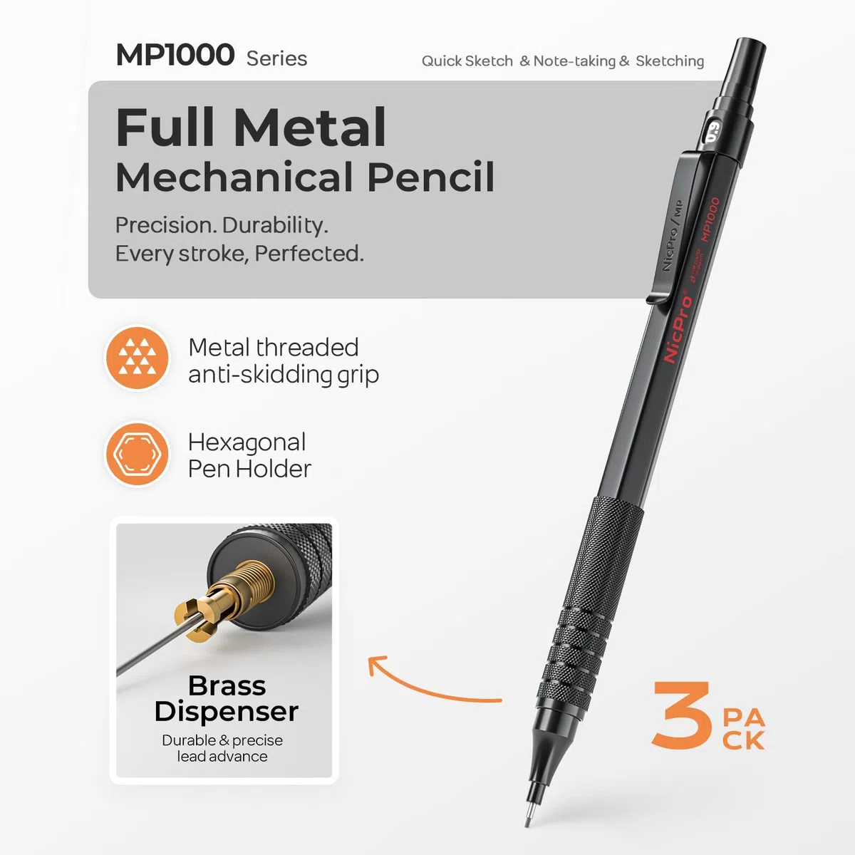 Nicpro Set di matite meccaniche in metallo da 0,9 con custodia, 3 matite da disegno nere MP1000 da 0,9 mm, 8 tubi di ricarica di mine HB, 3 gomme da cancellare, ricariche per gomme, per scrittura