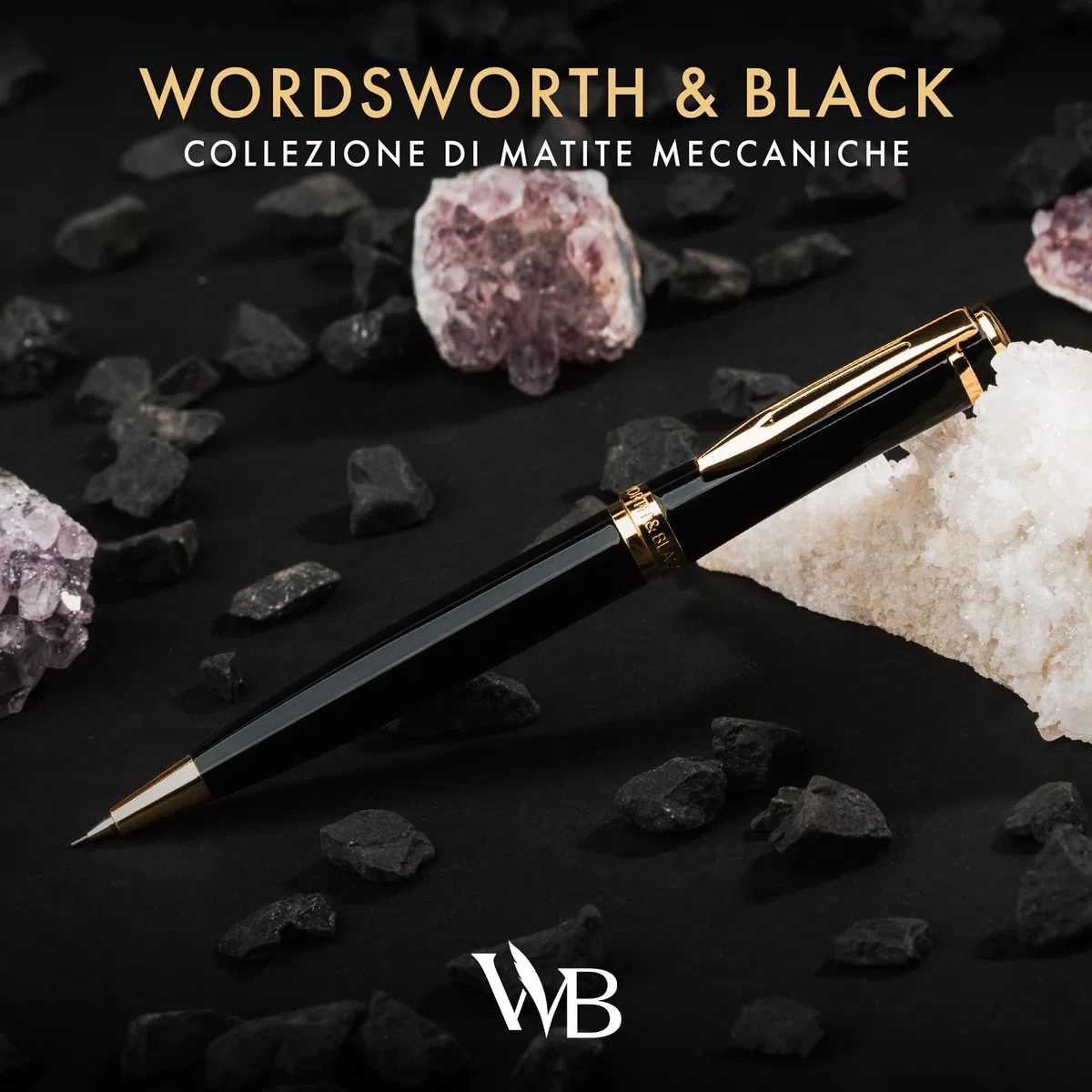 Wordsworth & Black Matita Meccanica Mina di Grafite - Laccatura Nera con Finitura in Oro 24K, Mina da 0,7 mm, Set Regalo per Uomo e Donna, Matite Professionali per Ufficio