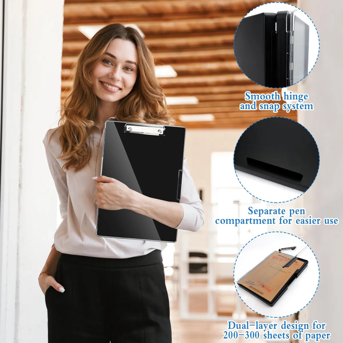Dadabig Portablocco Portatile con Scomparto, Portablocco A4 con Vano Portaoggetti in Plastica Portablocchi in Plastica con Pinza per Scuola/Industria/Ufficio, Nero