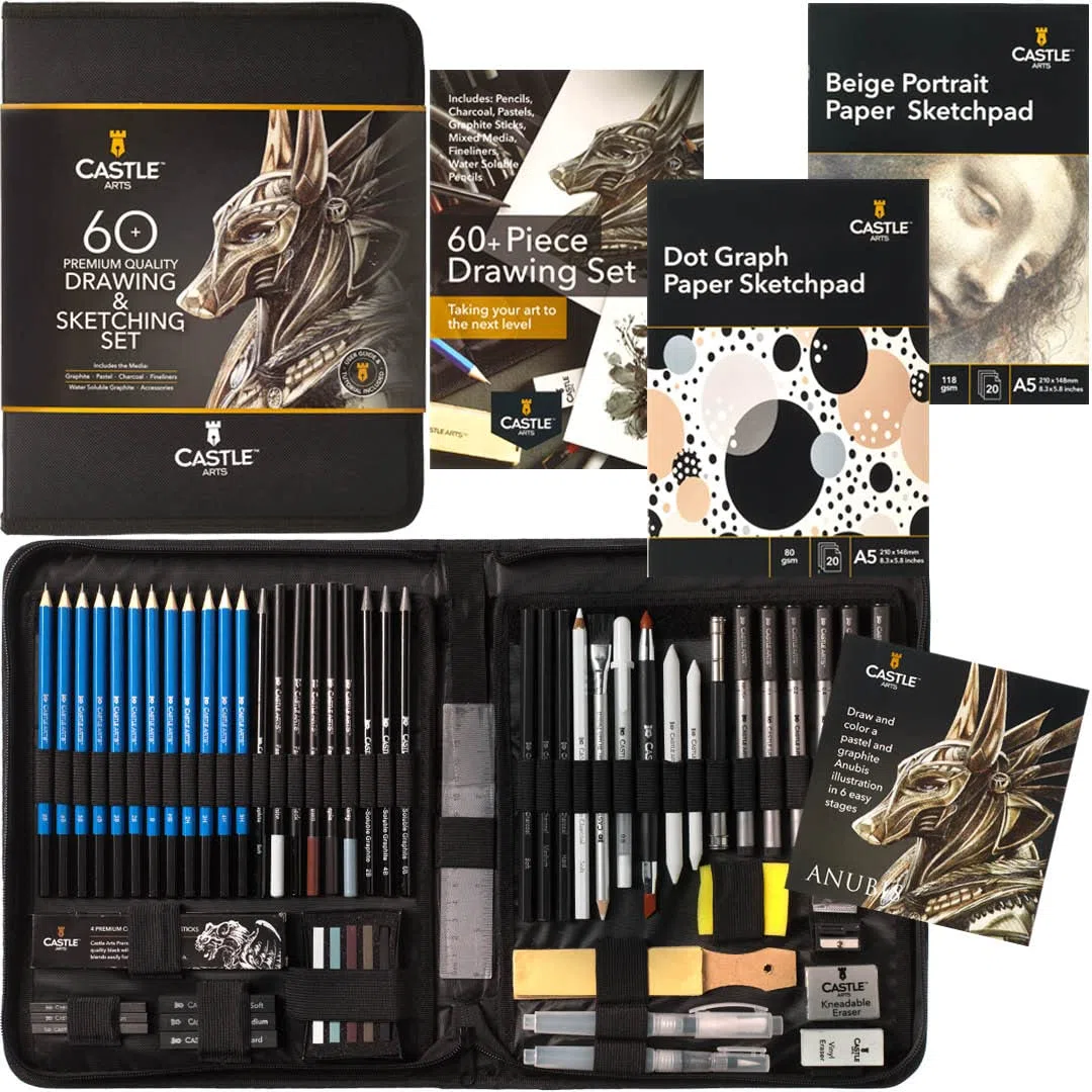 Castle Art Supplies Set da 60 pezzi di disegno e disegno | Grafite, matite solubili in acqua + bastoncini, fineliners | per artisti professionisti e adulti | in custodia con zip
