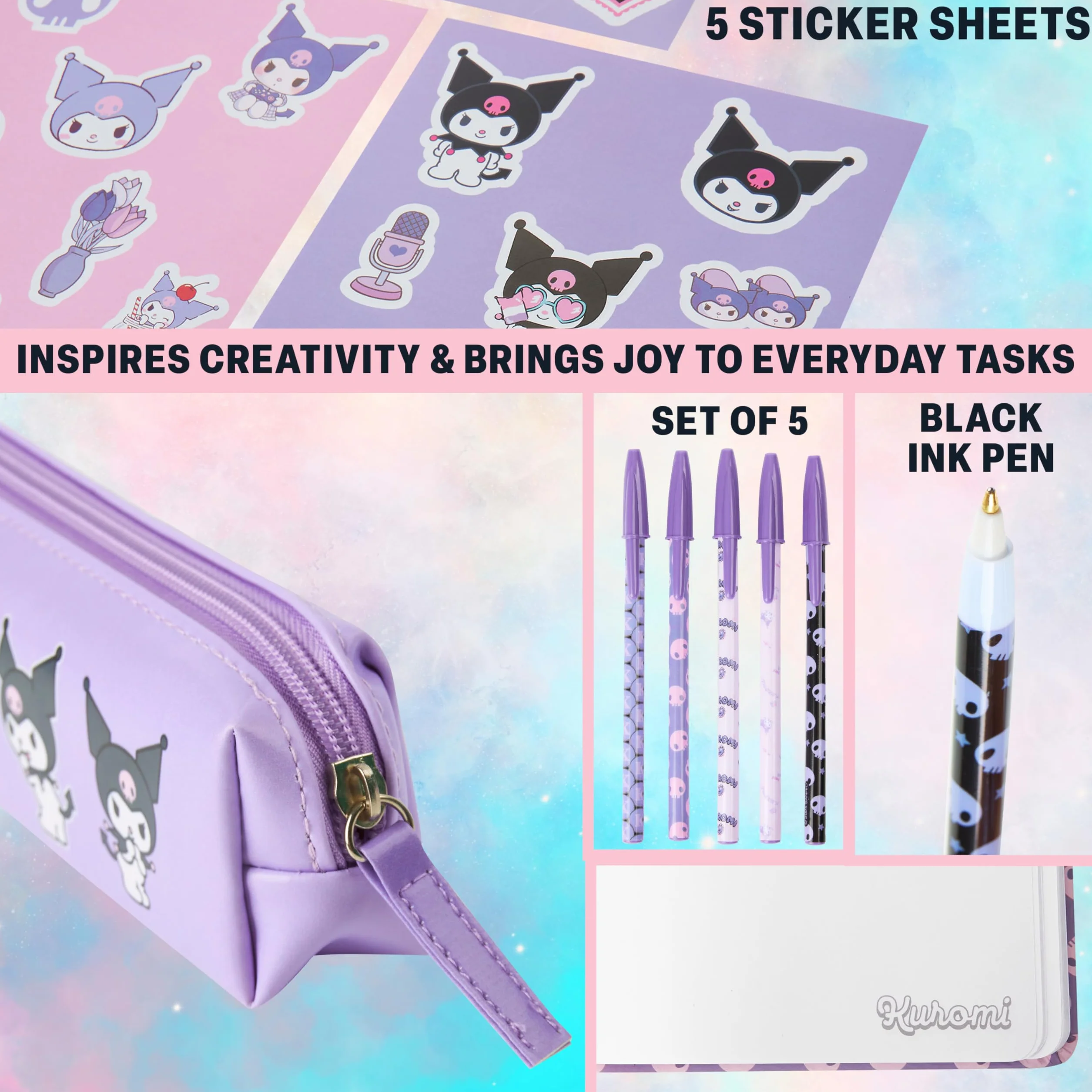 Get Trend Hello Kitty Sanrio Kuromi Set Cancelleria con Quaderno Diario Penna a Sfera Astuccio Matite Stickers Anime Materiale Scolastico e Ufficio (Viola Kuromi)