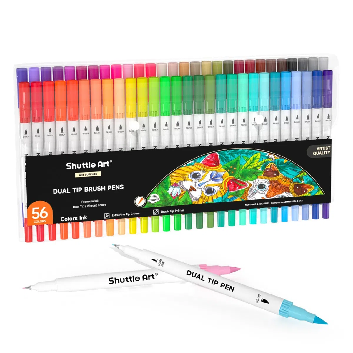 Shuttle Art Pennarelli Doppia Punta, 56 Pennarelli per Lettering Punta Fine e Pennarelli con Punta a Pennello Ideale per Artisti Adulti Bambini Scrittura a Mano Diario Schizzi Libri da colorare.