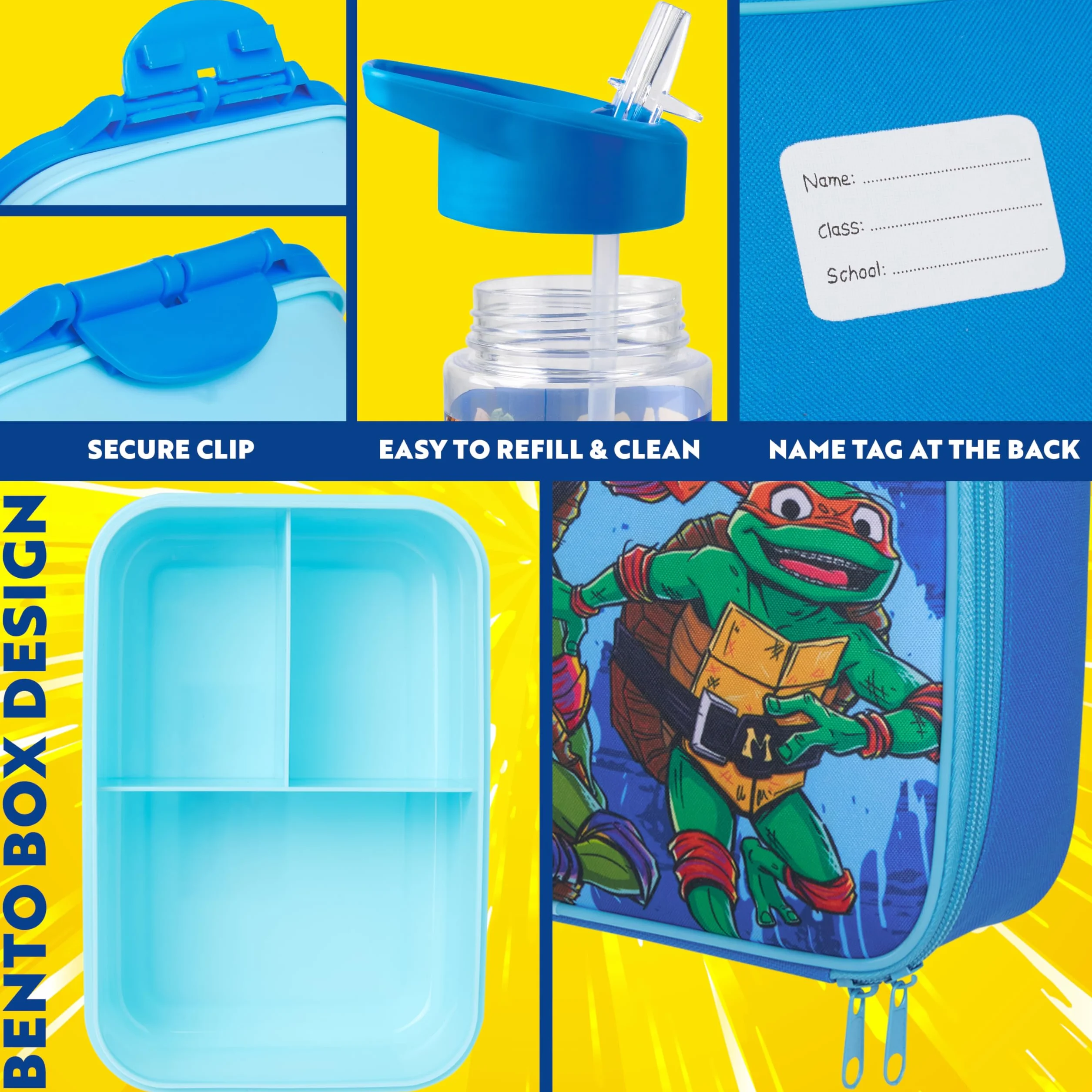 Get Trend Teenage Mutant Ninja Turtles Borsa Porta Pranzo con Porta Merenda Borraccia Bambini Senza BPA Set 3 Pz Materiale Scolastico per Viaggiare Picnic (Blu TMNT)