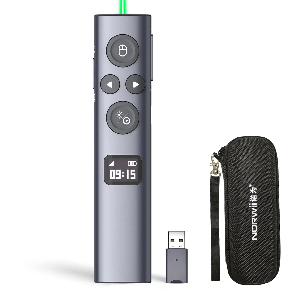 Norwii N95s BLE Clicker per Presentazioni con Puntatore Digitale per PowerPoint su Schermo TV/Proiezione, Telecomando Presentatore Wireless con Timer Conto alla Rovescia (Verde - USB-A)