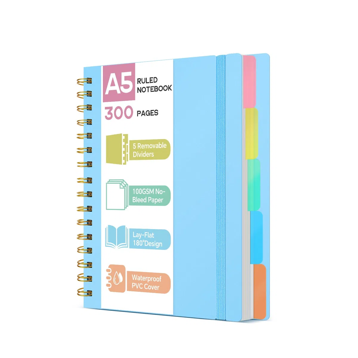 Taccuino A5 con Separatori - Carta 100g/m² Anti-Trasparenza, 300 Pagine, Copertina Rigida in PVC, Rilegatura a Spirale per Scuola, Ufficio e Regali